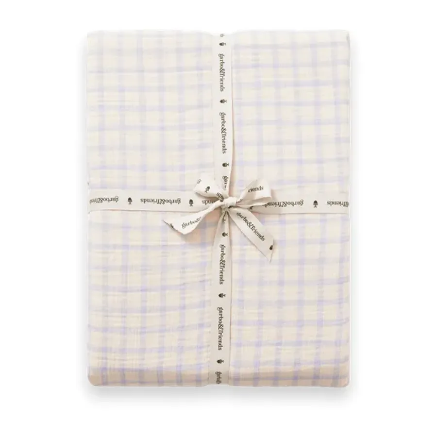 Barnsängkläder|Underlakan-Garbo&Friends Gingham Sky Blue Muslin dra-på-lakan, 160x200x30 cm